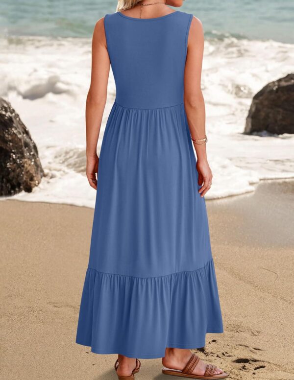 ZESICA Women's 2024 Summer Sleeveless Dress Square Neck Pleated Swing Casual Maxi Dresses with Pockets - Image 4