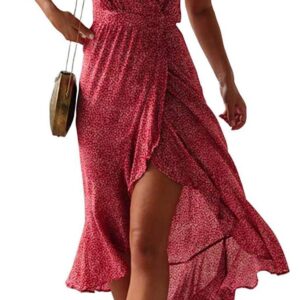 ZESICA Women's 2024 Bohemian Floral Printed Wrap V Neck Short Sleeve Split Beach Party Maxi Dress