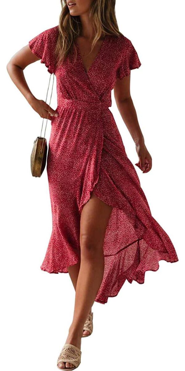 ZESICA Women's 2024 Bohemian Floral Printed Wrap V Neck Short Sleeve Split Beach Party Maxi Dress