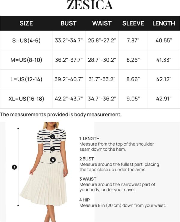 ZESICA Women's Casual Striped Midi Dress Crewneck Short Sleeve Button Ribbed Knit Swing Pleated A Line Dresses - Image 6