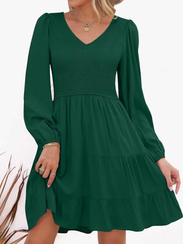 ZESICA Women's Casual V Neck Long Sleeve Smocked High Waist Ruffle A Line Tiered Mini Dress - Image 7
