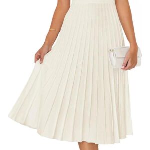 ZESICA Women's Casual Striped Midi Dress Crewneck Short Sleeve Button Ribbed Knit Swing Pleated A Line Dresses