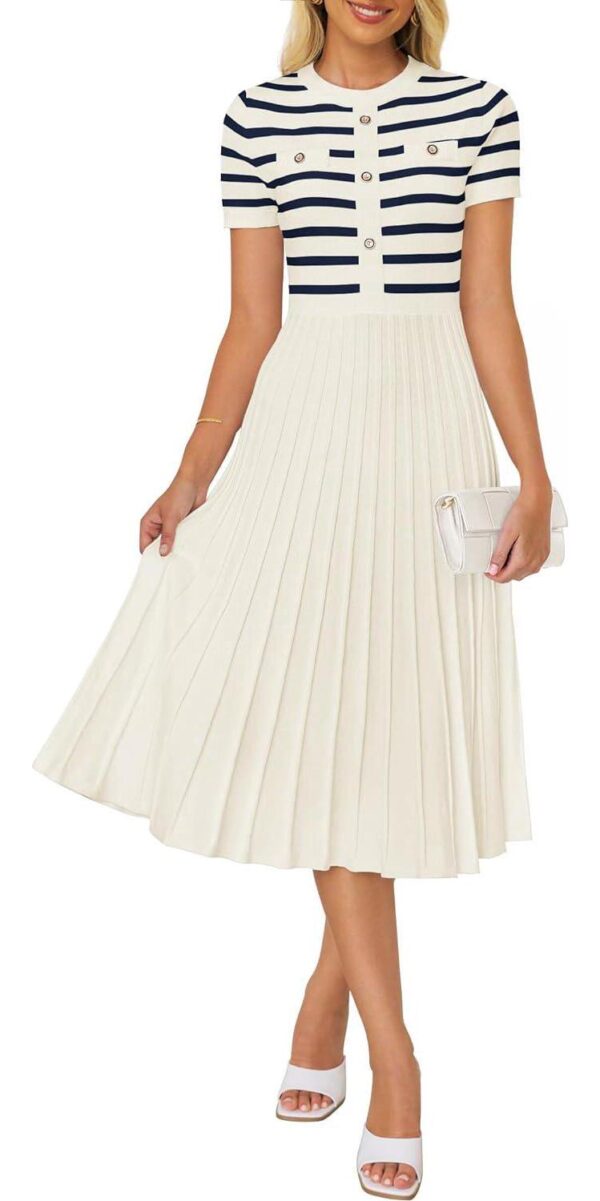 ZESICA Women's Casual Striped Midi Dress Crewneck Short Sleeve Button Ribbed Knit Swing Pleated A Line Dresses