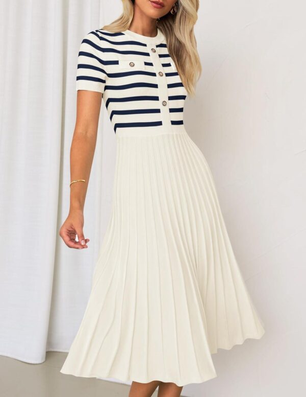 ZESICA Women's Casual Striped Midi Dress Crewneck Short Sleeve Button Ribbed Knit Swing Pleated A Line Dresses - Image 8