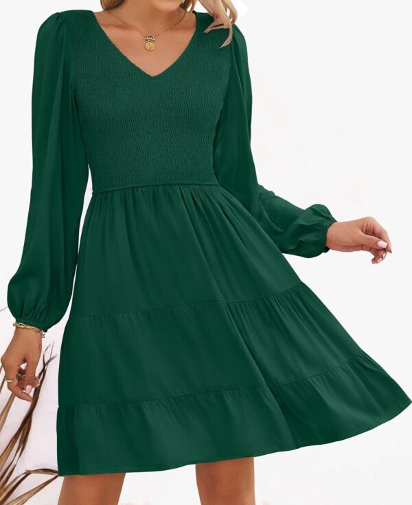 ZESICA Women's Casual V Neck Long Sleeve Smocked High Waist Ruffle A Line Tiered Mini Dress - Image 2