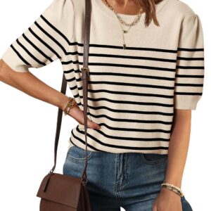 ZESICA Women's Casual Striped Tops Short Sleeve Crew Neck Ribbed Knit T Shirts Comfy Loose Basic Pullover Sweater