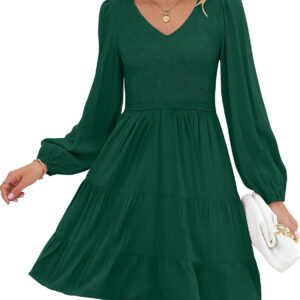 ZESICA Women's Casual V Neck Long Sleeve Smocked High Waist Ruffle A Line Tiered Mini Dress