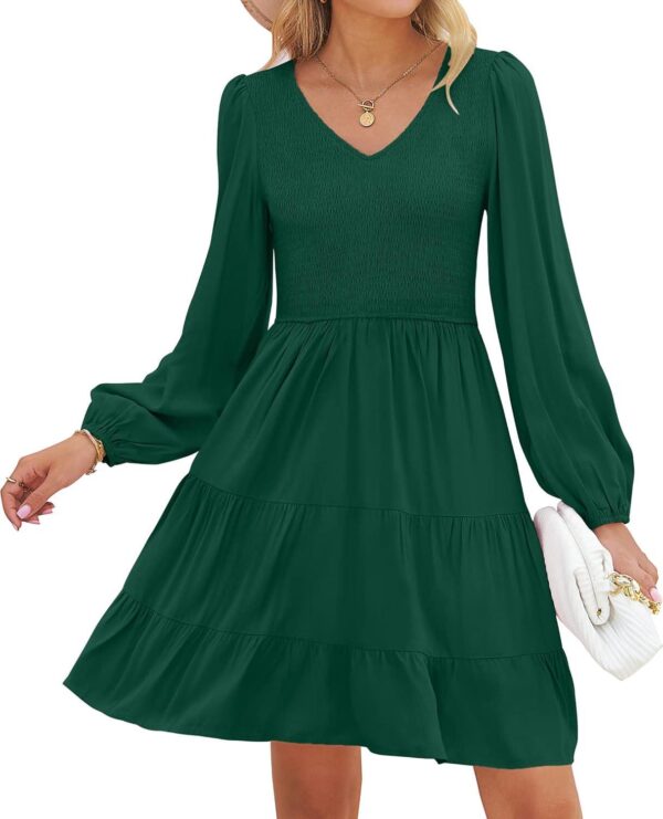 ZESICA Women's Casual V Neck Long Sleeve Smocked High Waist Ruffle A Line Tiered Mini Dress