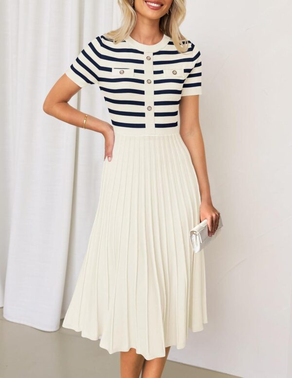 ZESICA Women's Casual Striped Midi Dress Crewneck Short Sleeve Button Ribbed Knit Swing Pleated A Line Dresses - Image 2