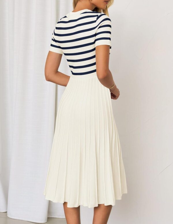 ZESICA Women's Casual Striped Midi Dress Crewneck Short Sleeve Button Ribbed Knit Swing Pleated A Line Dresses - Image 4