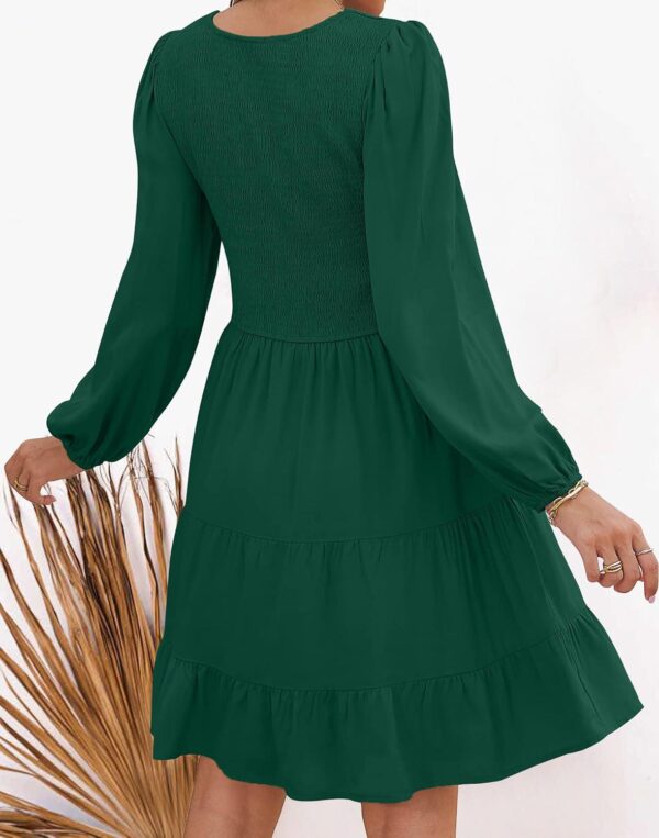ZESICA Women's Casual V Neck Long Sleeve Smocked High Waist Ruffle A Line Tiered Mini Dress - Image 3