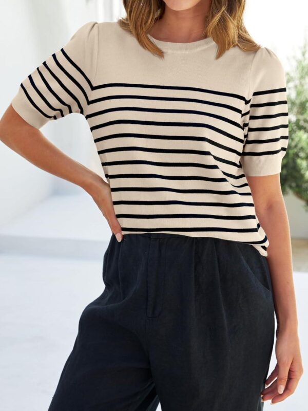 ZESICA Women's Casual Striped Tops Short Sleeve Crew Neck Ribbed Knit T Shirts Comfy Loose Basic Pullover Sweater - Image 8