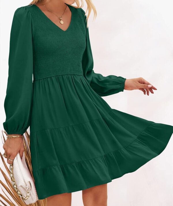 ZESICA Women's Casual V Neck Long Sleeve Smocked High Waist Ruffle A Line Tiered Mini Dress - Image 8