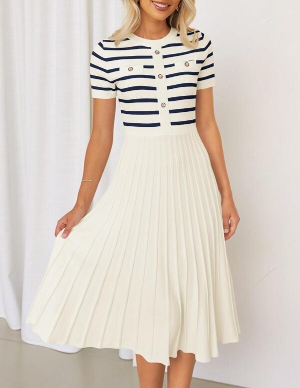 ZESICA Women's Casual Striped Midi Dress Crewneck Short Sleeve Button Ribbed Knit Swing Pleated A Line Dresses - Image 3