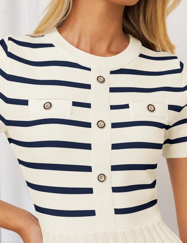 ZESICA Women's Casual Striped Midi Dress Crewneck Short Sleeve Button Ribbed Knit Swing Pleated A Line Dresses - Image 5