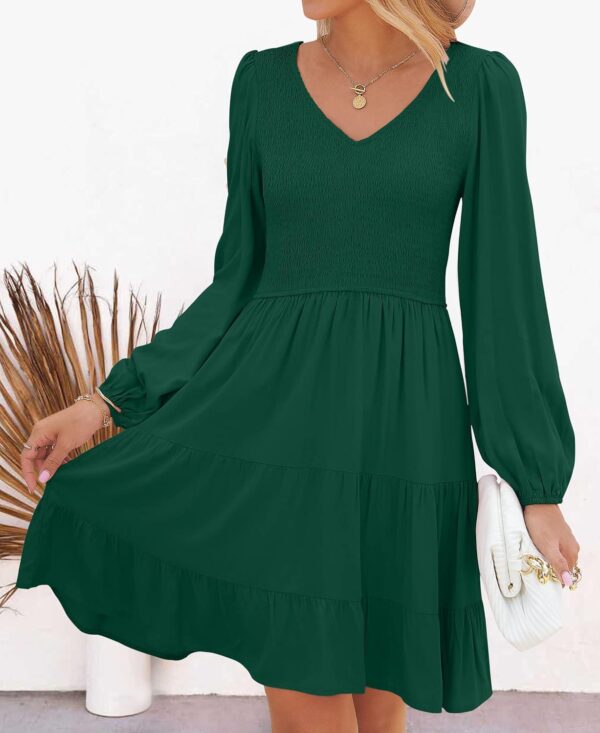 ZESICA Women's Casual V Neck Long Sleeve Smocked High Waist Ruffle A Line Tiered Mini Dress - Image 9