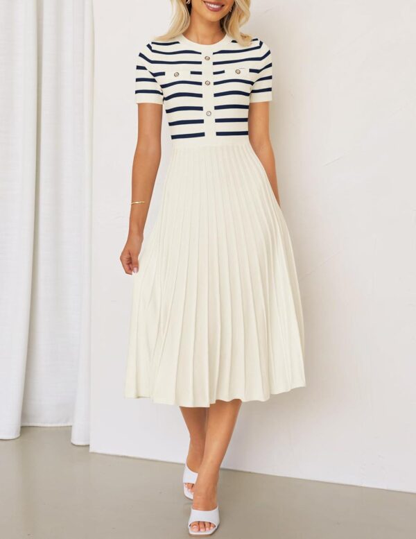 ZESICA Women's Casual Striped Midi Dress Crewneck Short Sleeve Button Ribbed Knit Swing Pleated A Line Dresses - Image 9