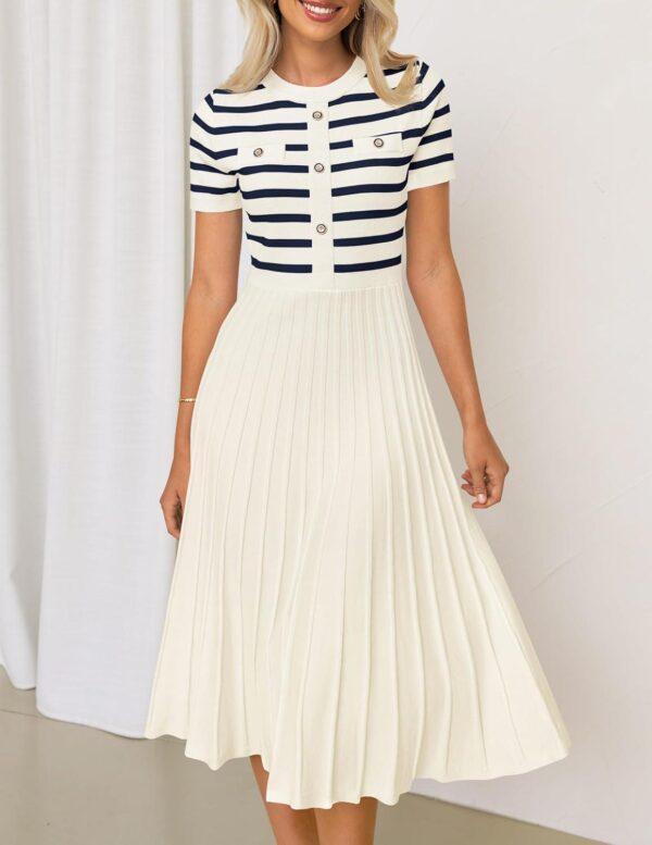 ZESICA Women's Casual Striped Midi Dress Crewneck Short Sleeve Button Ribbed Knit Swing Pleated A Line Dresses - Image 7