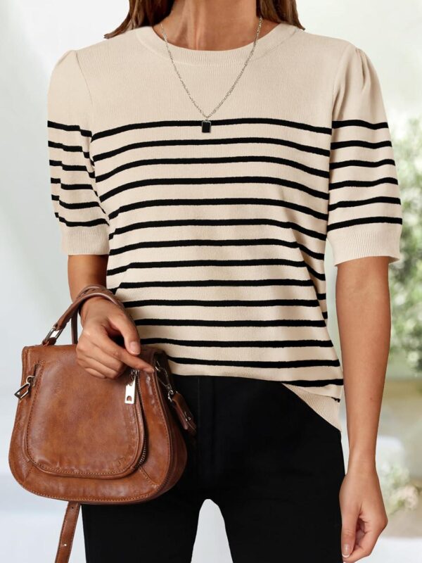 ZESICA Women's Casual Striped Tops Short Sleeve Crew Neck Ribbed Knit T Shirts Comfy Loose Basic Pullover Sweater - Image 2