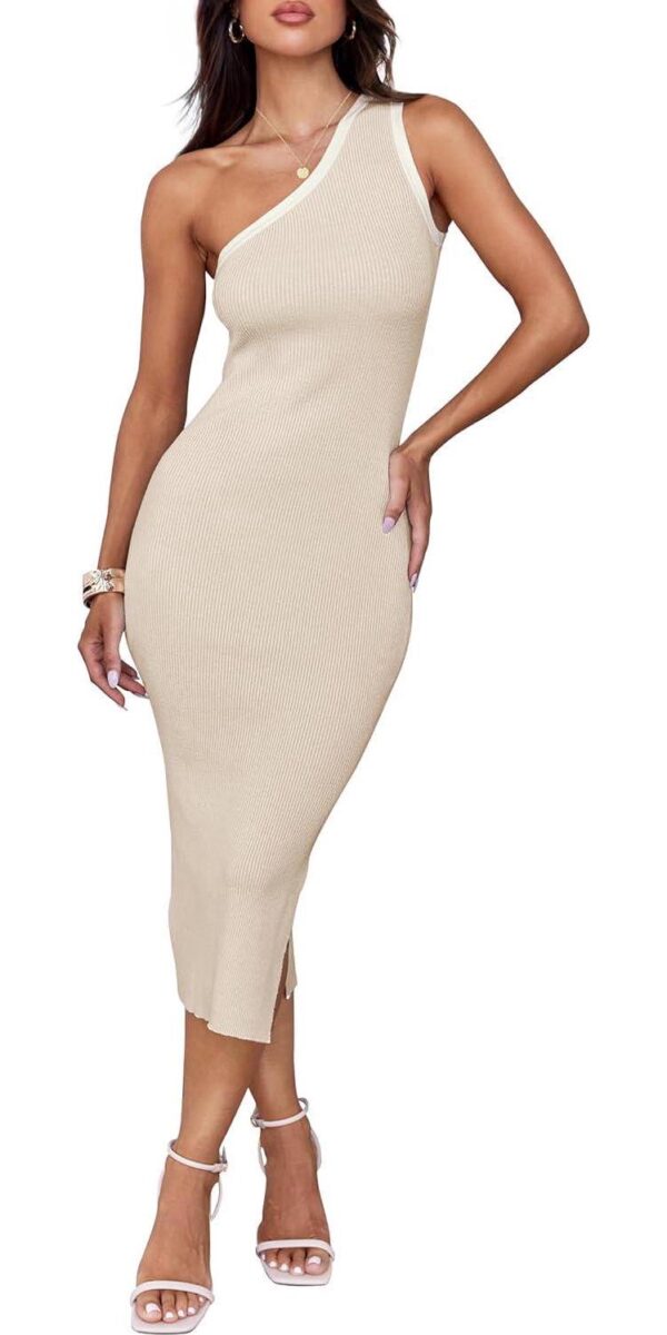 ZESICA Women's Summer One Shoulder Bodycon Midi Dresses 2024 Casual Sleeveless Ribbed Knit Side Slit Sweater Dress