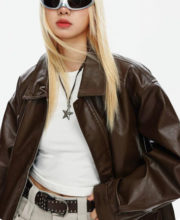 chouyatou Women's Oversized Faux Leather Bomber Jacket Zip Boyfriend Shacket Motocycle Jacket - Image 6