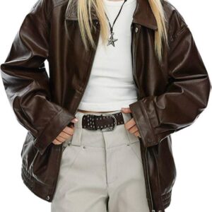 chouyatou Women's Oversized Faux Leather Bomber Jacket Zip Boyfriend Shacket Motocycle Jacket
