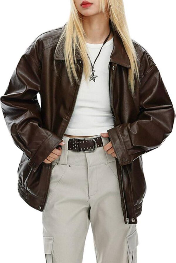 chouyatou Women's Oversized Faux Leather Bomber Jacket Zip Boyfriend Shacket Motocycle Jacket