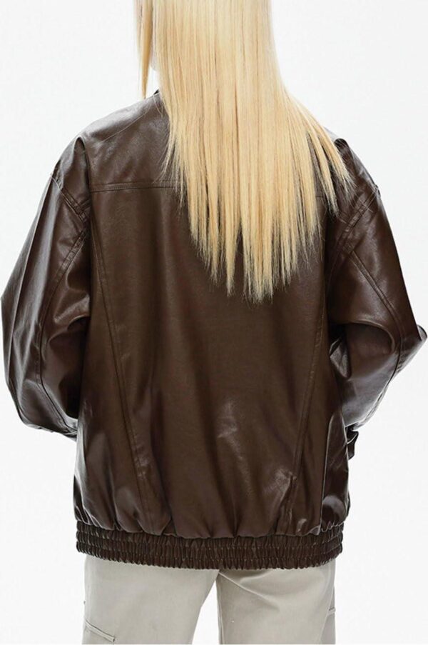 chouyatou Women's Oversized Faux Leather Bomber Jacket Zip Boyfriend Shacket Motocycle Jacket - Image 2