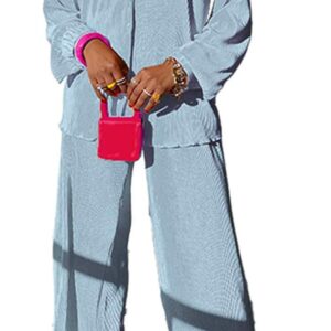 kaimimei Casual 2 Piece Outfit for Women - Linen Long Sleeve Button Down Shirt + Flare Pleated Wide Leg Pants Sets Streetwear