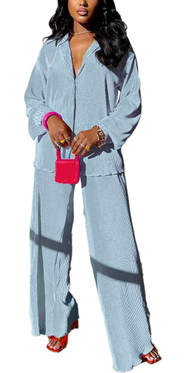 kaimimei Casual 2 Piece Outfit for Women - Linen Long Sleeve Button Down Shirt + Flare Pleated Wide Leg Pants Sets Streetwear