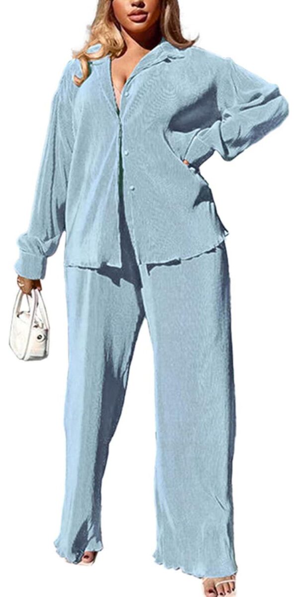 kaimimei Casual 2 Piece Outfit for Women - Linen Long Sleeve Button Down Shirt + Flare Pleated Wide Leg Pants Sets Streetwear - Image 2
