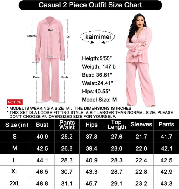 kaimimei Casual 2 Piece Outfit for Women - Linen Long Sleeve Button Down Shirt + Flare Pleated Wide Leg Pants Sets Streetwear - Image 6