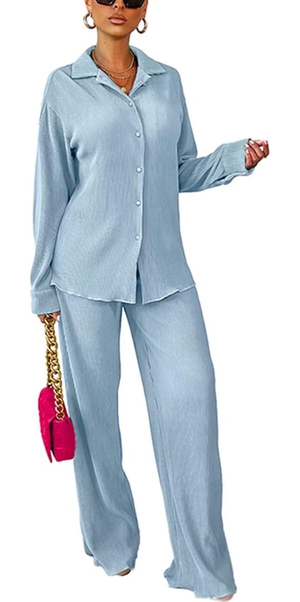 kaimimei Casual 2 Piece Outfit for Women - Linen Long Sleeve Button Down Shirt + Flare Pleated Wide Leg Pants Sets Streetwear - Image 3