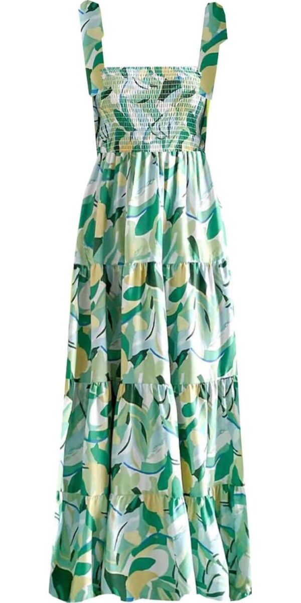 kinstell Women's Summer Boho Spaghetti Strap Square Neck Ruffle Casual Flowy Long Dress Beach Swing Party Maxi Dress