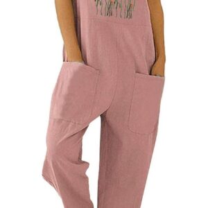 loveimgs Women's Casual Buttoned Straps Floral Embroidery Lightweight Baggy Bib Overalls Jumpsuit-Pockets