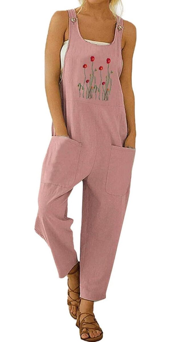 loveimgs Women's Casual Buttoned Straps Floral Embroidery Lightweight Baggy Bib Overalls Jumpsuit-Pockets