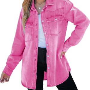 luvamia Long Denim Jacket for Women Lightweight Trendy Jean Button Down Shirts Jackets Oversized Shackets with Pockets