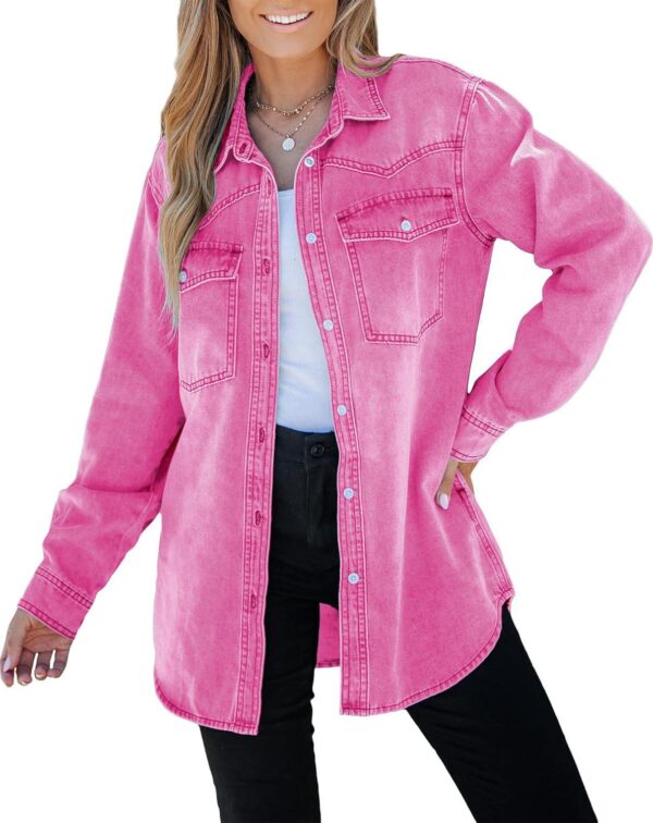 luvamia Long Denim Jacket for Women Lightweight Trendy Jean Button Down Shirts Jackets Oversized Shackets with Pockets