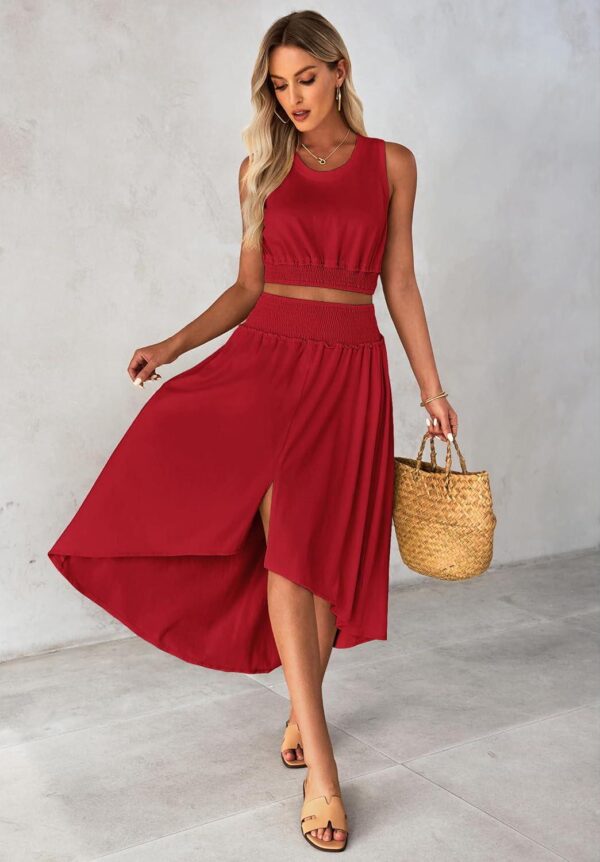 luvamia Two Piece Skirt Sets for Women Smocked Crop Top High Waisted High Low Split Maxi Skirt Co Ord Matching Dress Set - Image 9