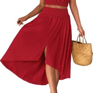 luvamia Two Piece Skirt Sets for Women Smocked Crop Top High Waisted High Low Split Maxi Skirt Co Ord Matching Dress Set