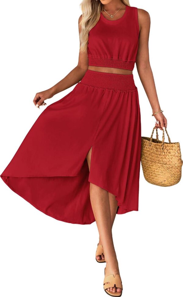 luvamia Two Piece Skirt Sets for Women Smocked Crop Top High Waisted High Low Split Maxi Skirt Co Ord Matching Dress Set