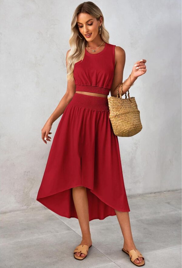 luvamia Two Piece Skirt Sets for Women Smocked Crop Top High Waisted High Low Split Maxi Skirt Co Ord Matching Dress Set - Image 6