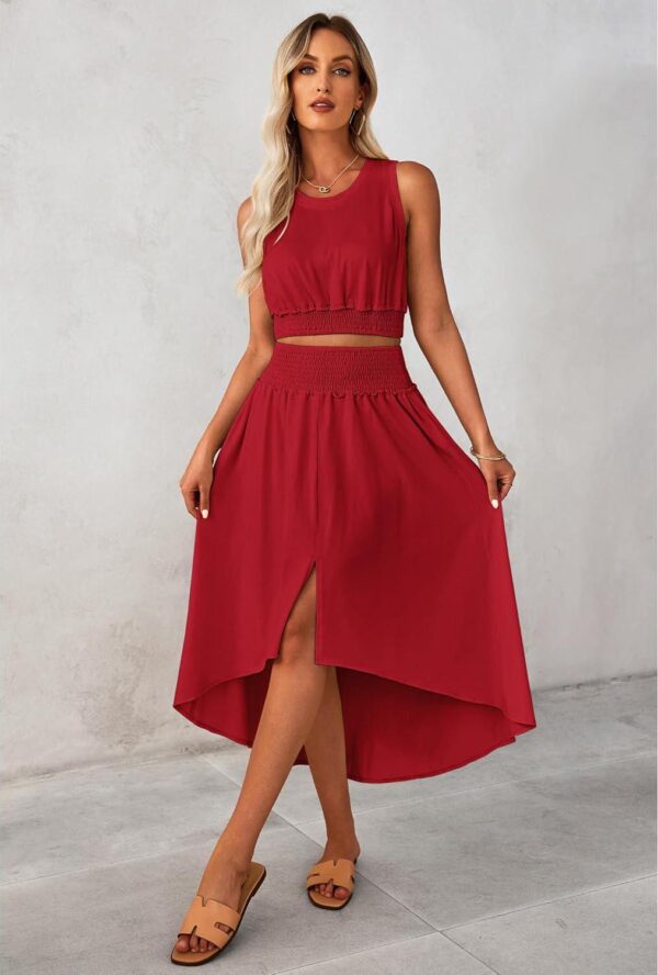 luvamia Two Piece Skirt Sets for Women Smocked Crop Top High Waisted High Low Split Maxi Skirt Co Ord Matching Dress Set - Image 4