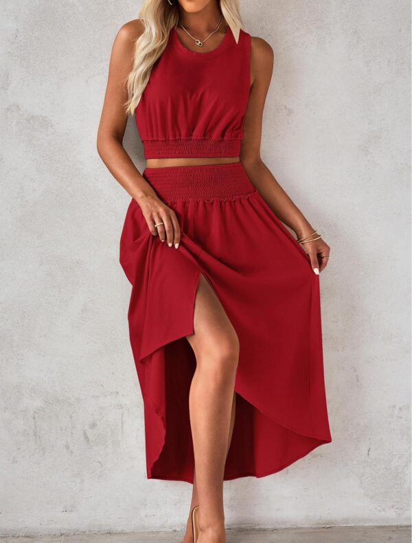 luvamia Two Piece Skirt Sets for Women Smocked Crop Top High Waisted High Low Split Maxi Skirt Co Ord Matching Dress Set - Image 8