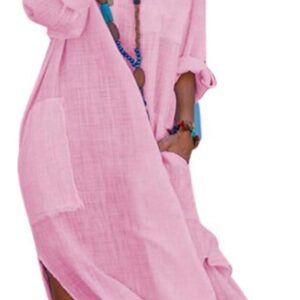 utcoco Womens Casual Loose Cotton Linen Long Shirt Dress Lapel Button Cuffed Sleeve Side Split Dresses with Pockets
