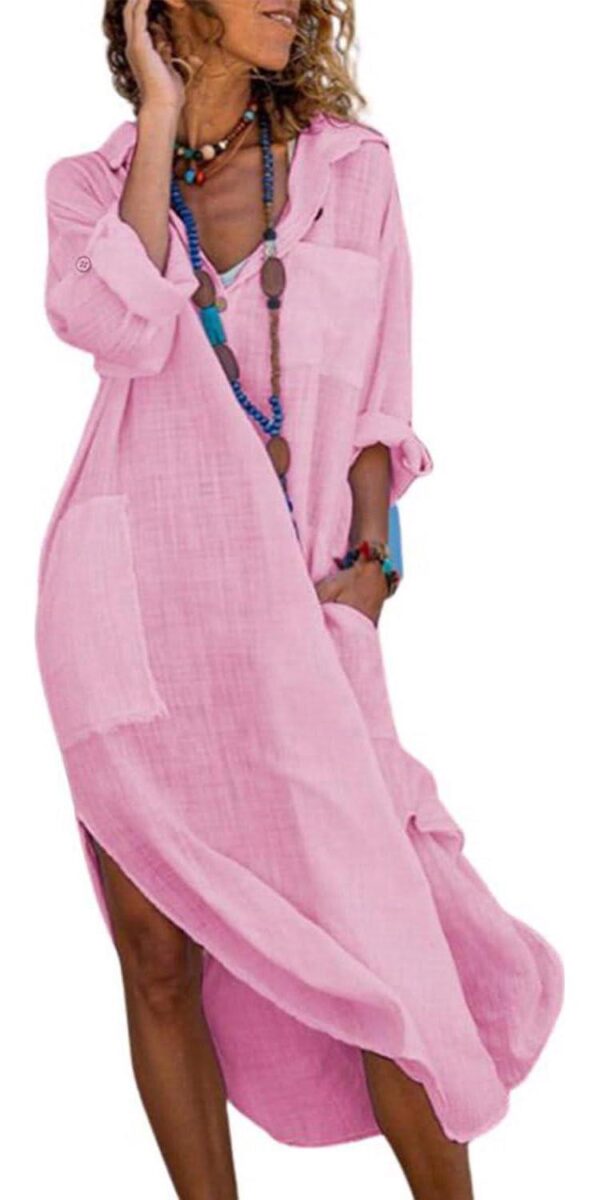 utcoco Womens Casual Loose Cotton Linen Long Shirt Dress Lapel Button Cuffed Sleeve Side Split Dresses with Pockets